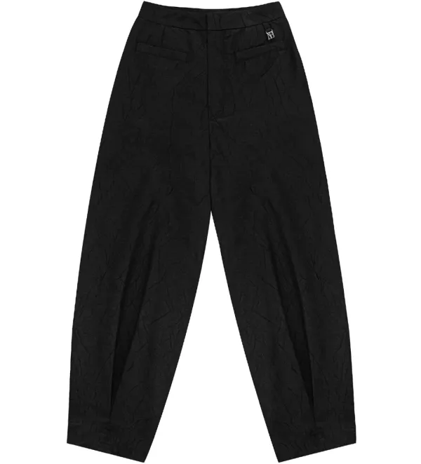 Double Box Pleats Wrinkle Slacks [ Black ]