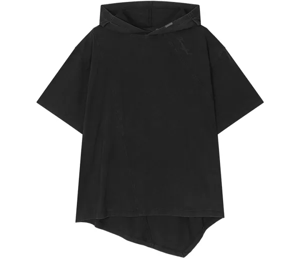 Diagonal Cut-Line Hooded T-Shirt [ Black ]
