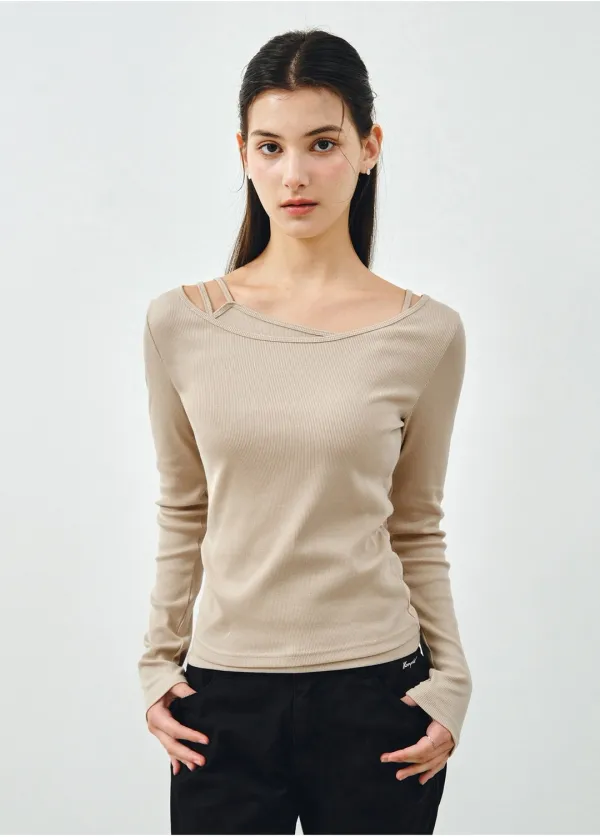 [SET] 보트넥 레이어드 골지 티셔츠 베이지 MDTS087BEIGE