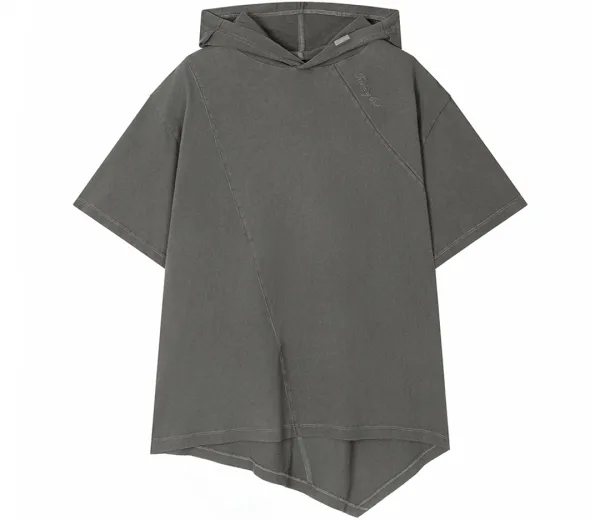 Diagonal Cut-Line Hooded T-Shirt [ Gray ]