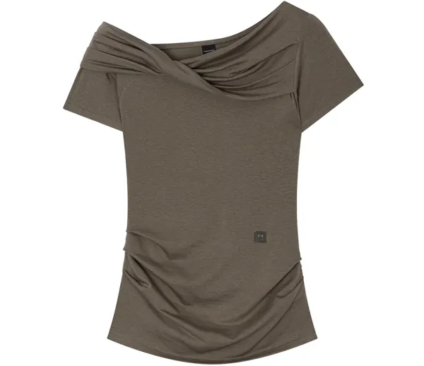 Twisted Overlay Off-Shoulder Top [ Brown ]