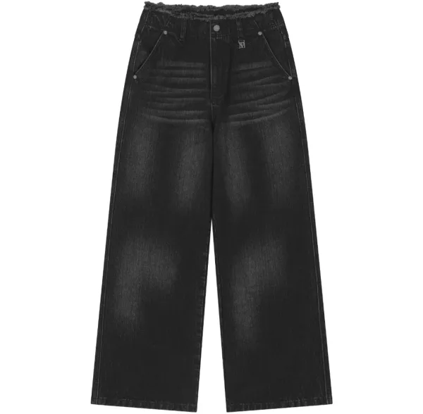 Raw Cut Belt-Line Brushed Denim Pants [ Black ]
