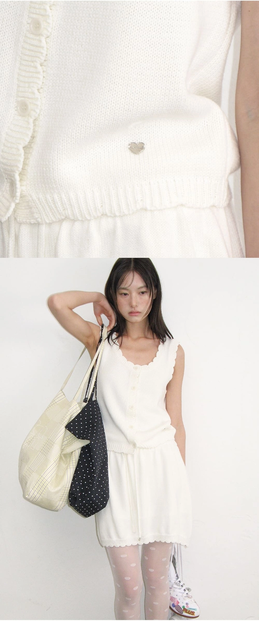 론론 SCALLOP TRIM KNIT SLEEVELESS CARDIGAN IVORY 상품 이미지 3