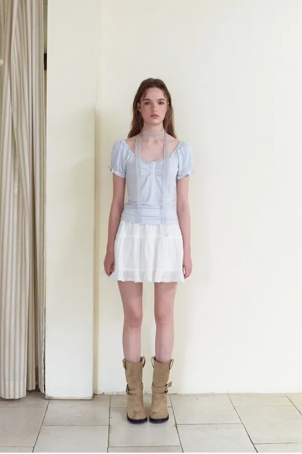 Lace Scarf Puff T-Shirt, Greyish Blue