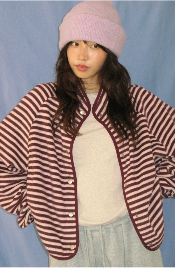 [10/22 순차배송] HIGH NECK SNAP FLEECE JUMPER PURPLE STRIPE