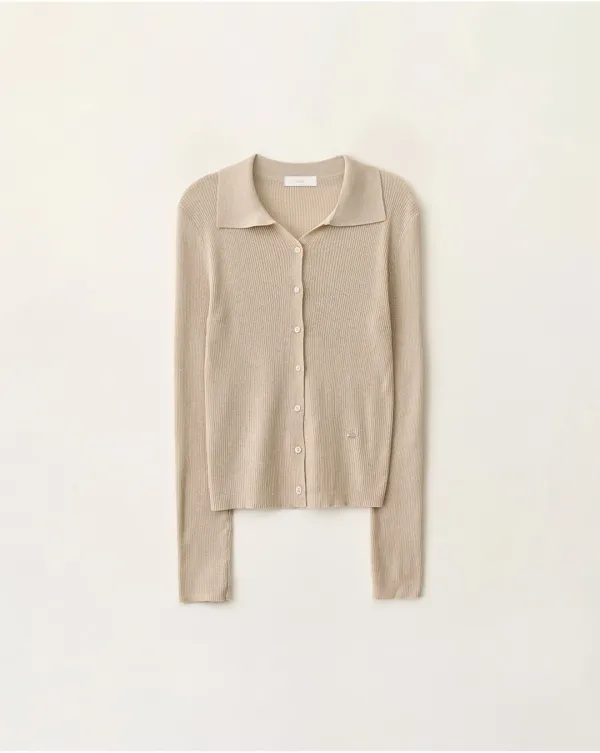 Collar ribbed slim-fit knit cardigan_Beige