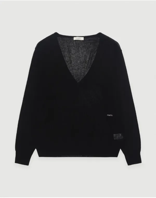 [5th] Fresh linen deep v-neck knit - black