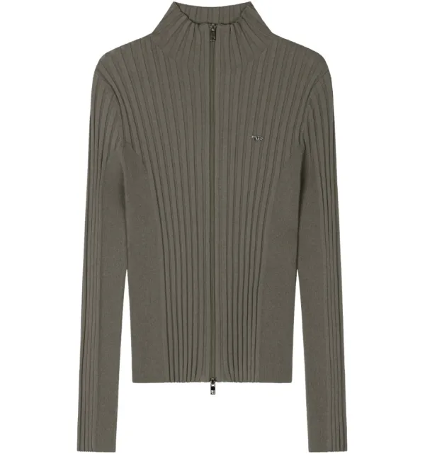 TMB High-Neck Knit Zip-Up Cardigan [ Khaki Gray ]