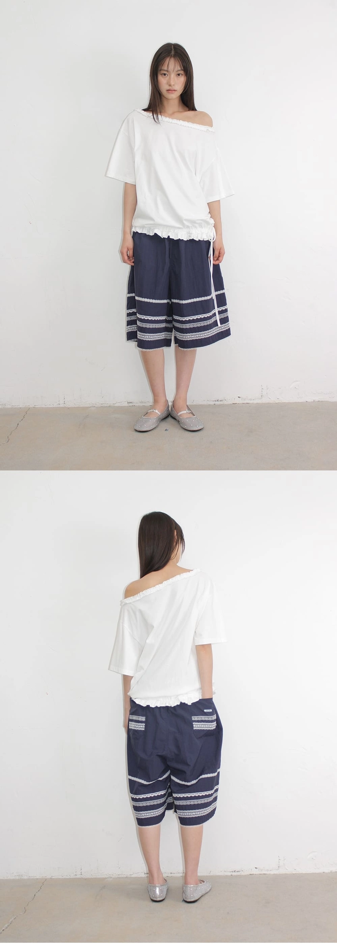 론론 FRILL OFF SHOULDER STRING T SHIRT WHITE 상품 이미지 2