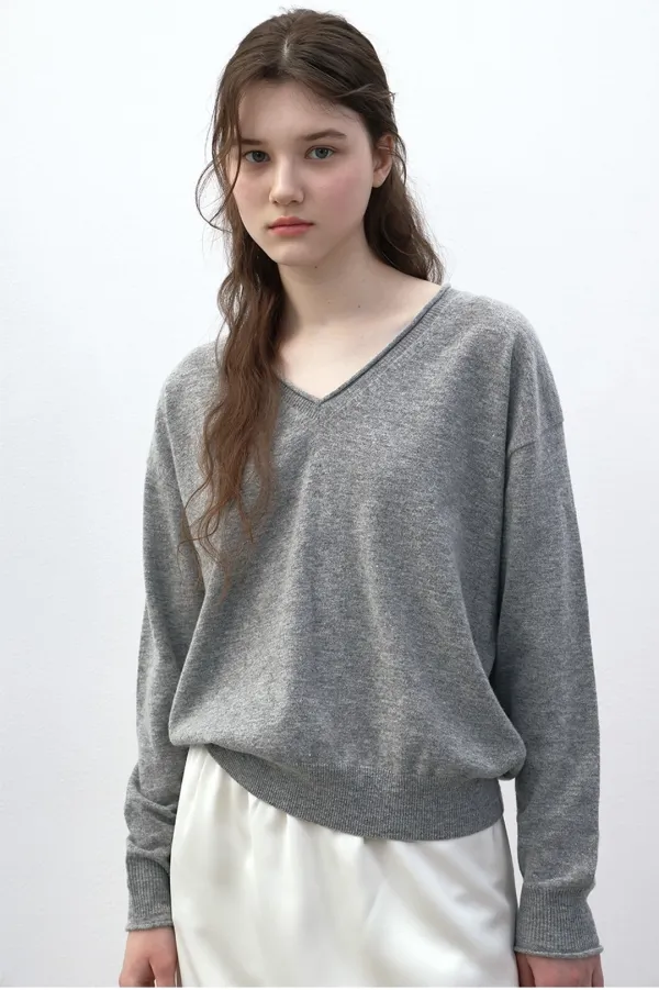 V NECK WOOL KNIT - GRAY