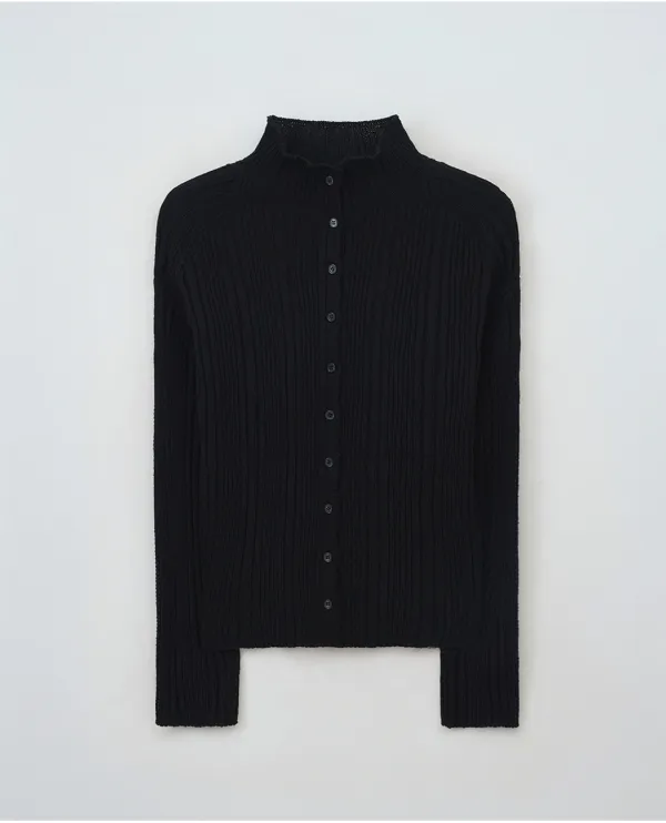 [니브] High-neck Ribbed Button Cardigan (Black)