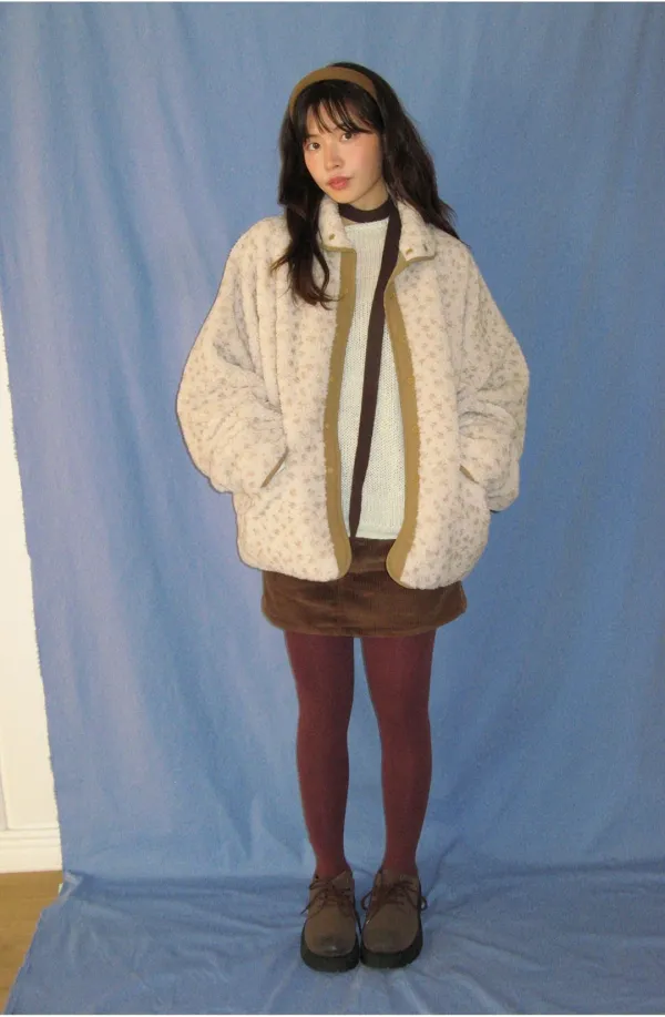 REVERSIBLE CONTRAST FLEECE JUMPER BROWN FLOWER