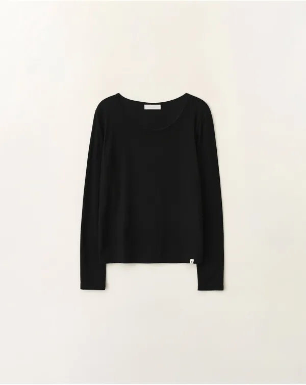 Loose U-neck long sleeve t-shirt_Black