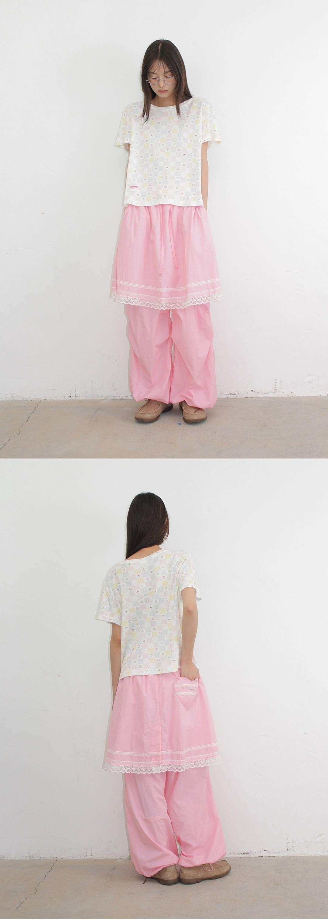 론론 LACE POINT SKIRT LAYERED JOGGER PANTS PINK 상품 이미지 2