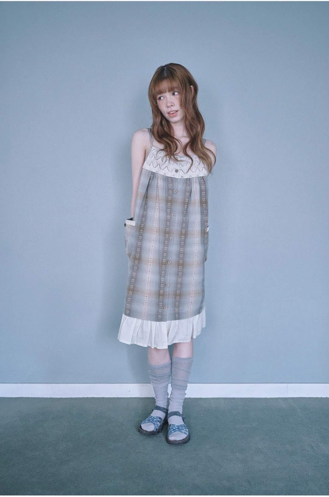 허그유어스킨 Mori button layered dress (Green) 상품 이미지 1