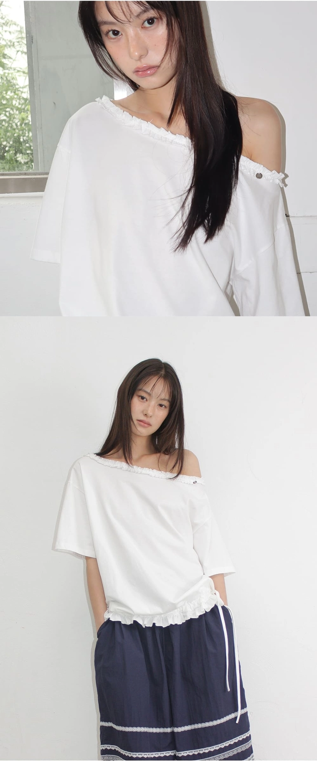 론론 FRILL OFF SHOULDER STRING T SHIRT WHITE 상품 이미지 3