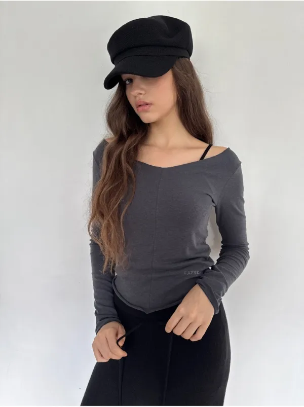 V Neck Sheer Long Sleeve T-Shirt (3Colors)