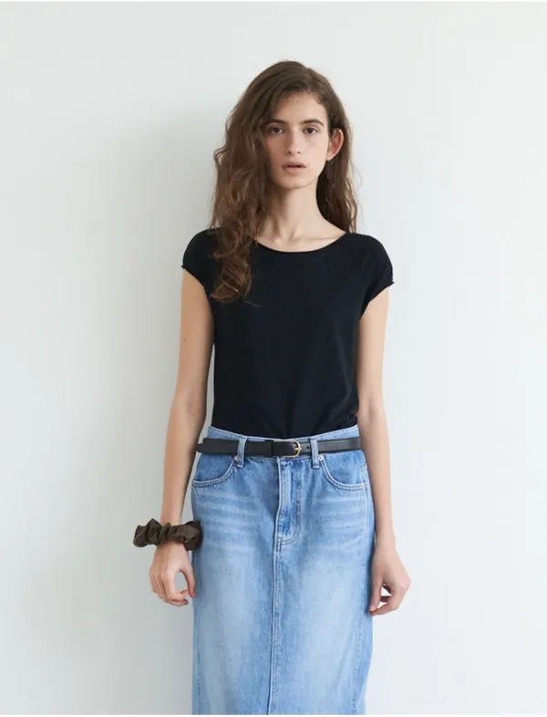 Round Neck Cap Sleeve T-Shirt(Black)