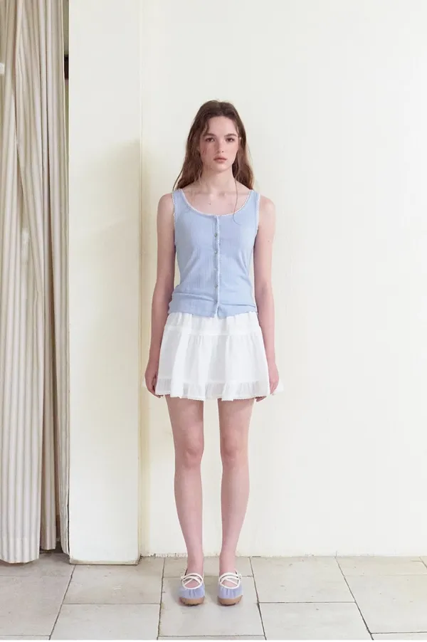 Lace-Trim Button Sleeveless, Light Blue