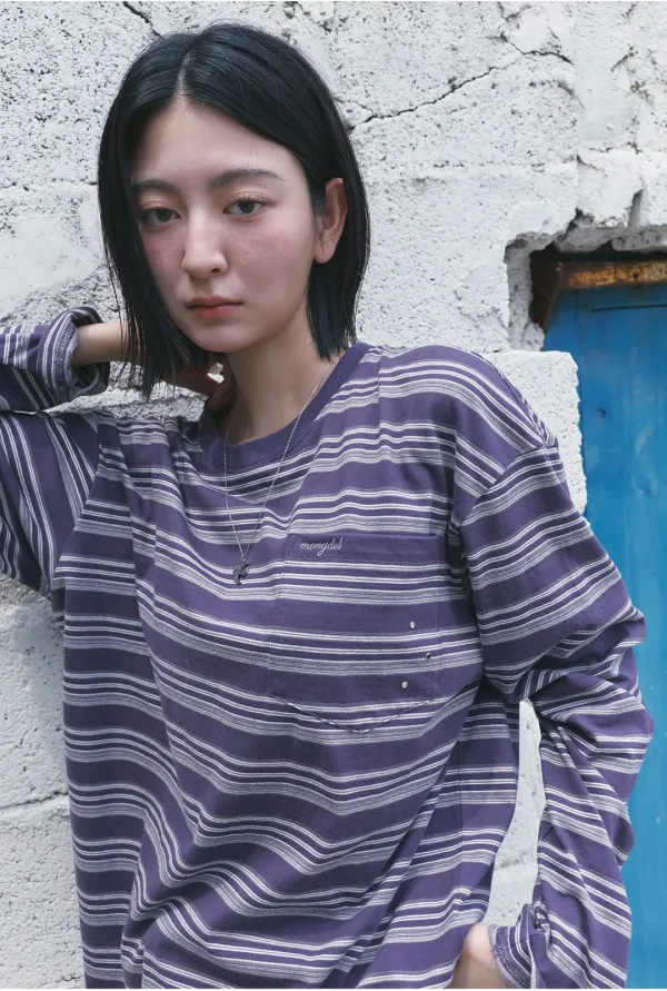 스트라이프 오버핏 긴팔 티셔츠 퍼플 MDTS106PURPLE
