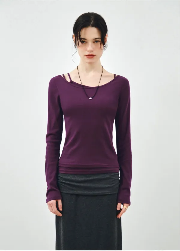 [SET] 보트넥 레이어드 골지 티셔츠 바이올렛 MDTS087VIOLET