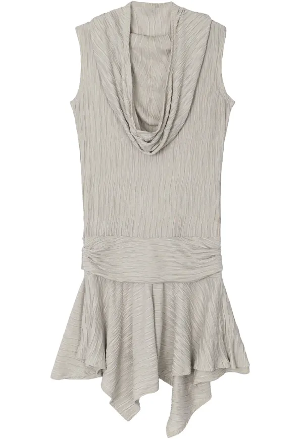 Crinkle Draped Hooded Sleeveless Dress [ Beige ]