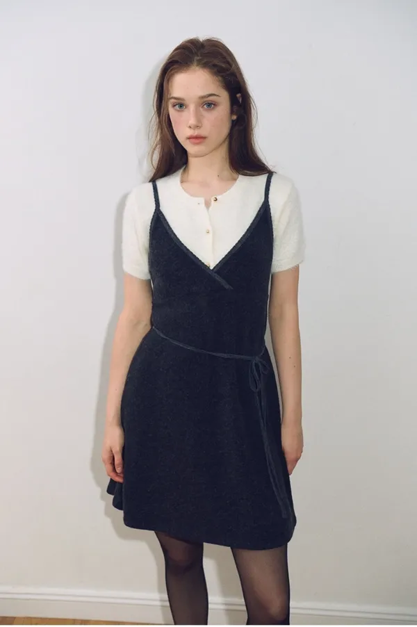 ETMON - Scallop Trim Mini Dress, Charcoal