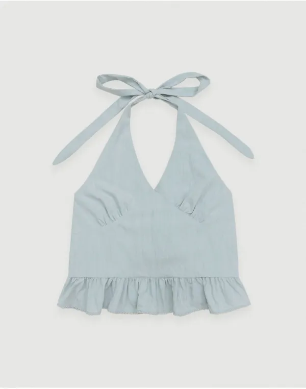 [3rd/2주이상소요] Before frill halter sleeveless - mute blue
