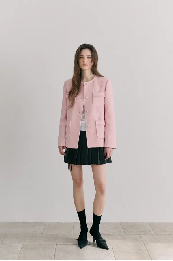 Stitch 4-Pocket Tweed Jacket, Pink