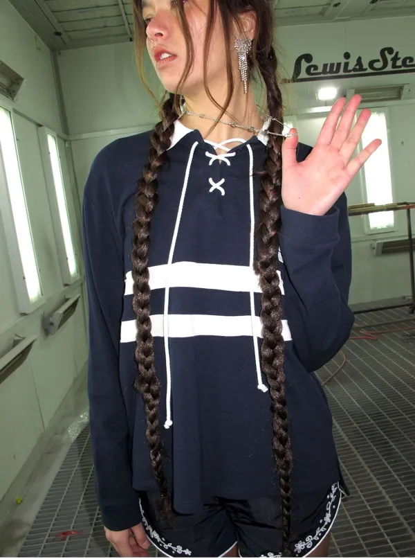 LACE-UP STRIPE COLLAR T-SHIRT_NAVY