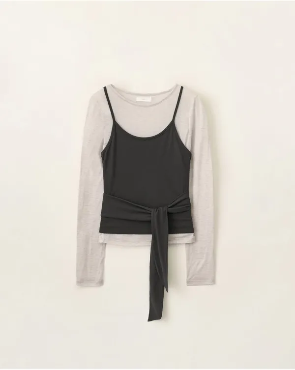 Front tie layered t-shirt set_Charcoal/Light gray