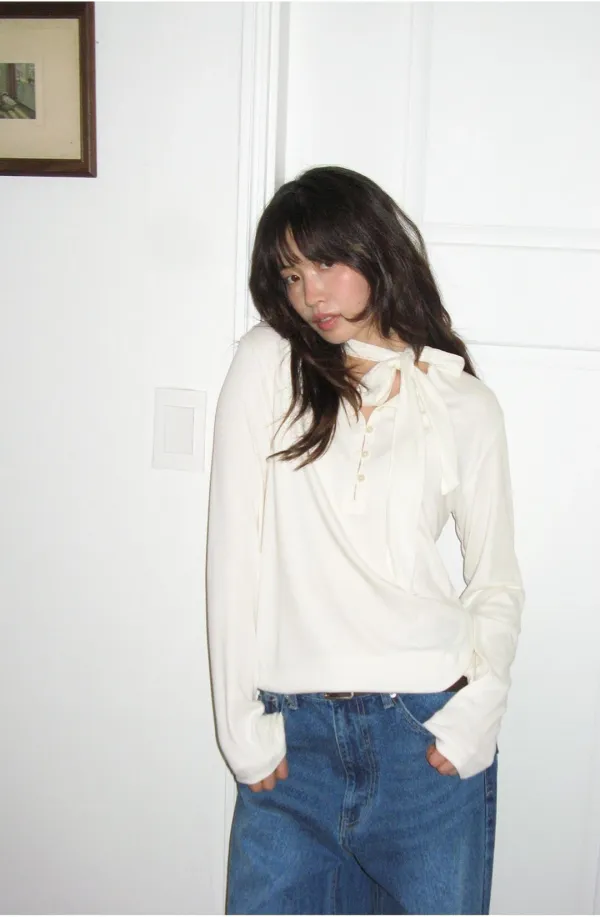 LONG TIE HENLEY NECK LONG SLEEVE IVORY