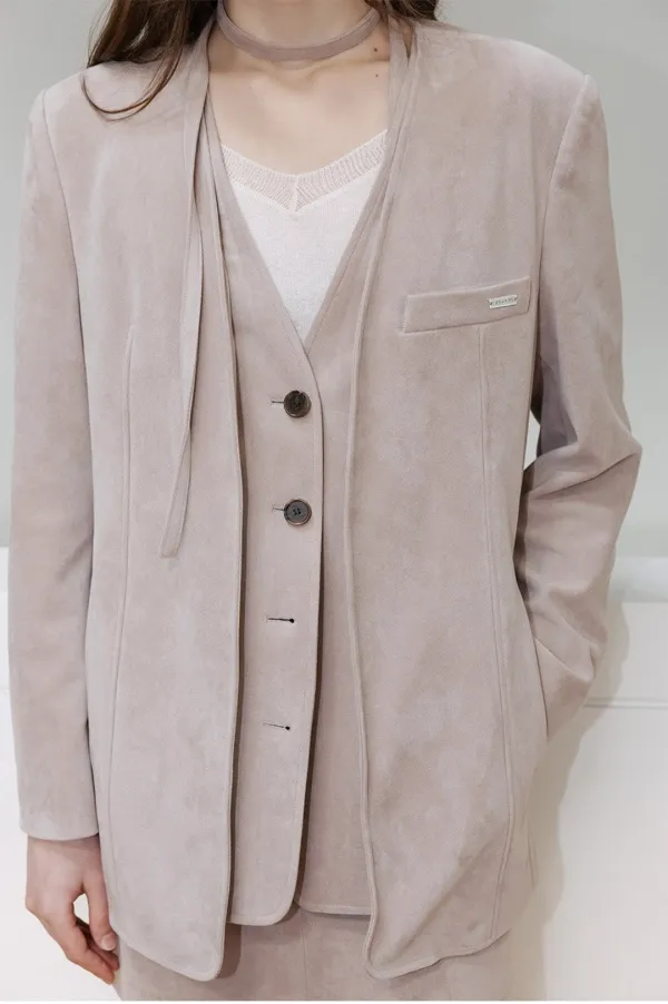 Faux Suede Collarless Layered Jacket SL6XJ938-91