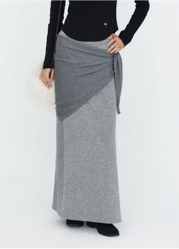 [SET] 울 블렌드 스카프 레이어드 롱 스커트 그레이 MDSK041GRAY