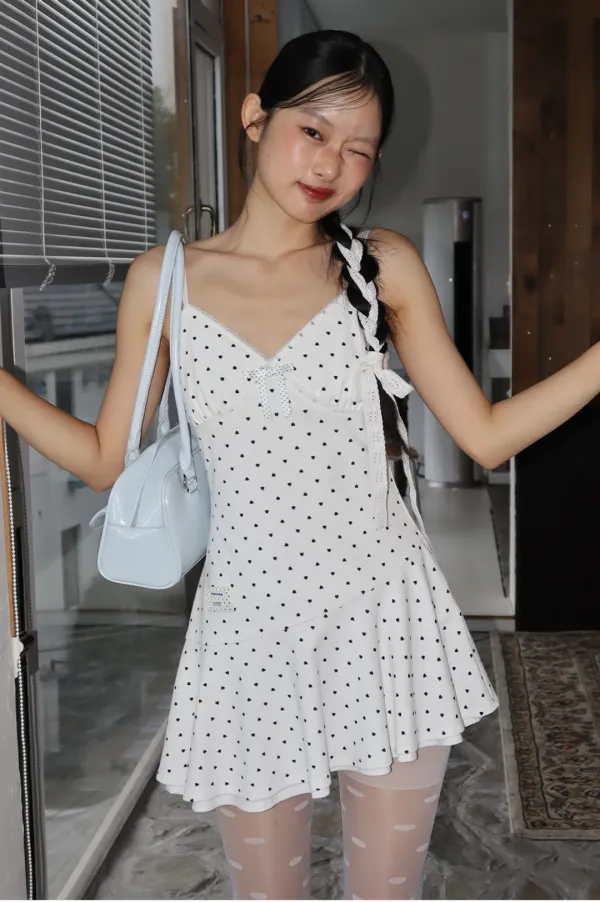 HEART PATTERN ASYMMETRY MINI DRESS WHITE