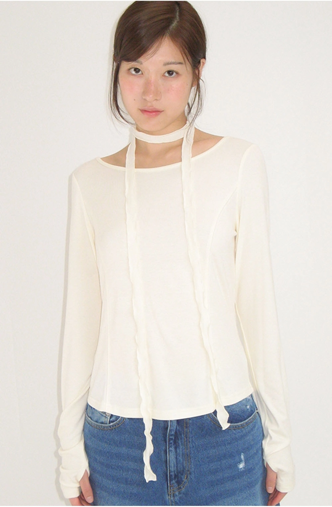 론론 PETIT SCARF SET BOAT NECK LONG SLEEVE CREAM 상품 이미지 1