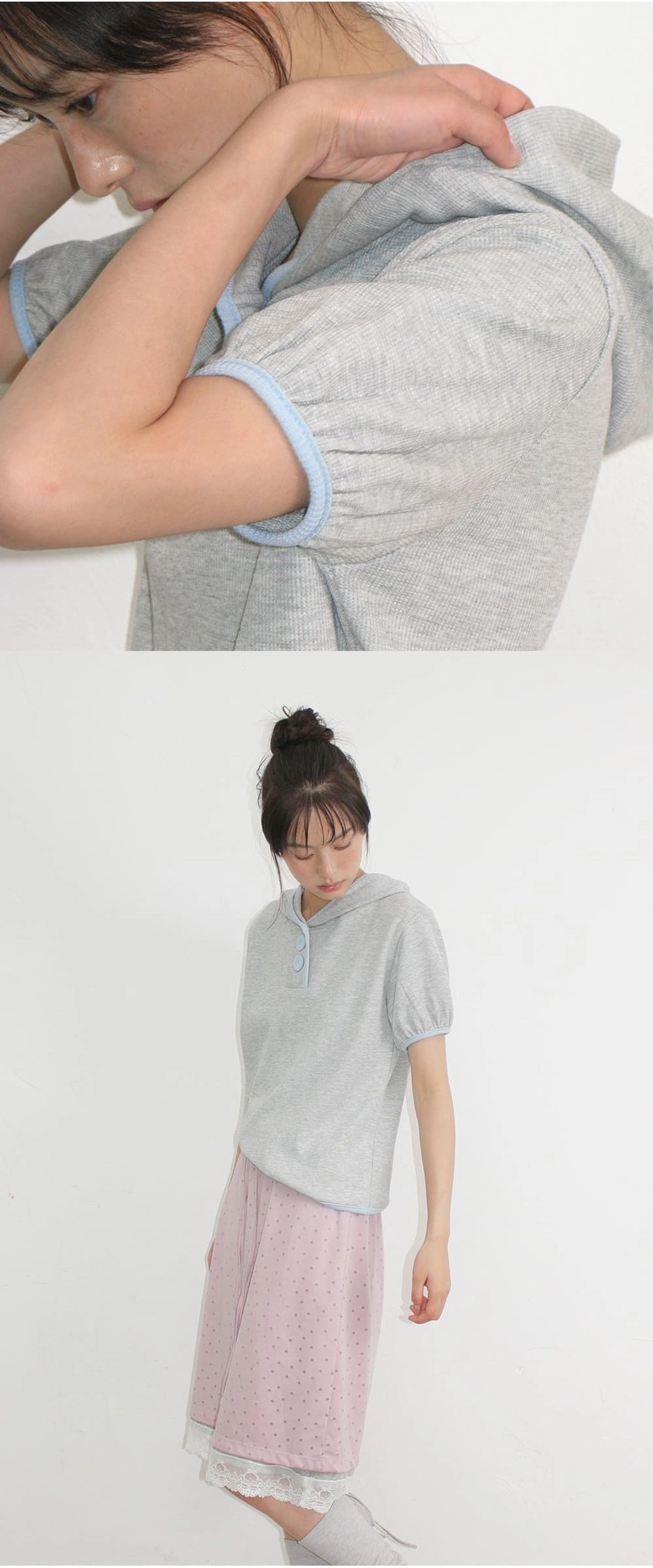 론론 WAFFLE BUTTON HALF SLEEVE HOODIE GREY 상품 이미지 2