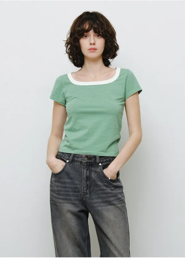 스퀘어넥 스트라이프 반팔 티셔츠 그린 MDTS098GREEN