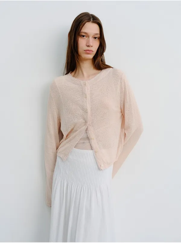 [ 예약배송 : 2차 6/8 ] TVR LINEN SHEER FRINGE KNIT CARDIGAN_PINK