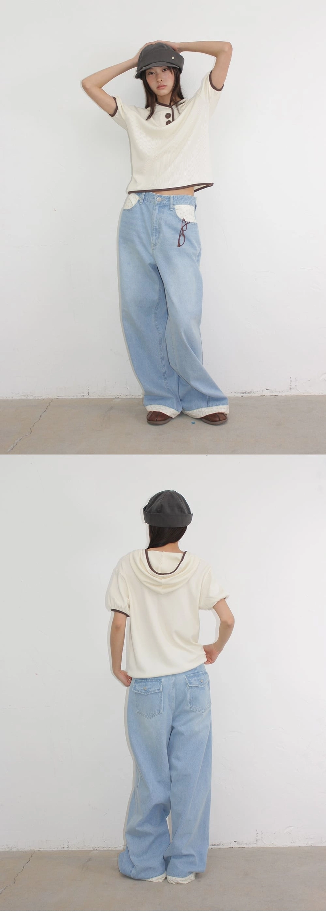 론론 WAFFLE BUTTON HALF SLEEVE HOODIE IVORY 상품 이미지 2