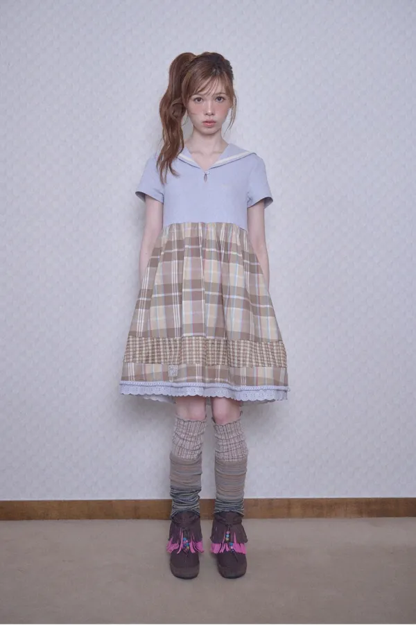 Sailor collar check dress (Gray)