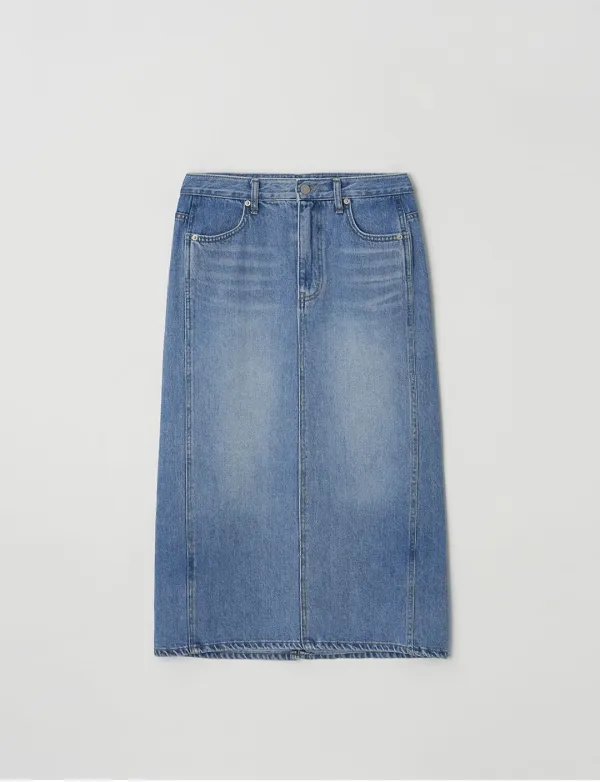 Slit Denim Midi Skirt(Blue)