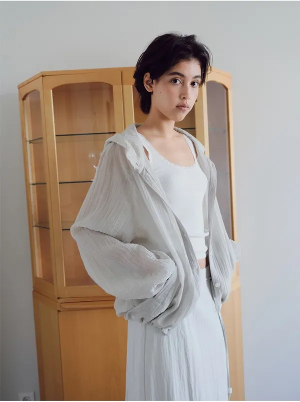 Sheer hoodie blouse_gray