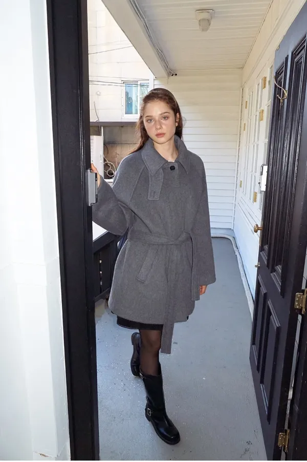 Hairy Wool Belted Half Coat, Grey