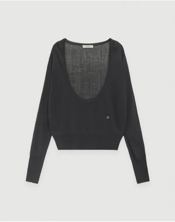 Veil deep u-neck knit - charcoal