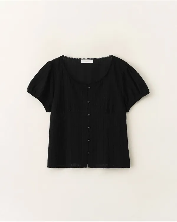 Lace puff sleeve tie-back blouse_Black