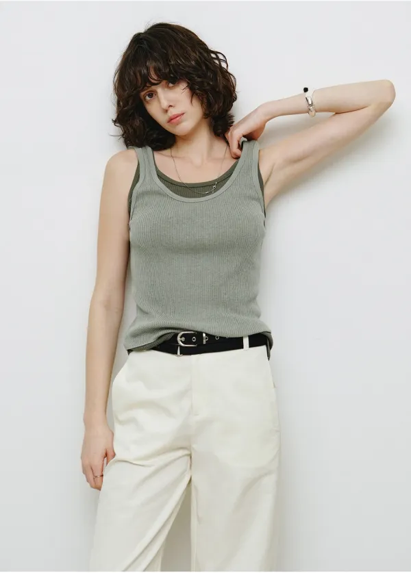 [SET] 레이어드 골지 니트 슬리브리스 그린 MDKT117GREEN