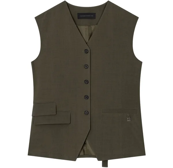 Minimal Button-Detail Set-Up Vest [ Khaki ]