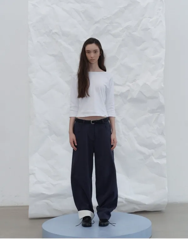 Folded curved cotton pants - navy