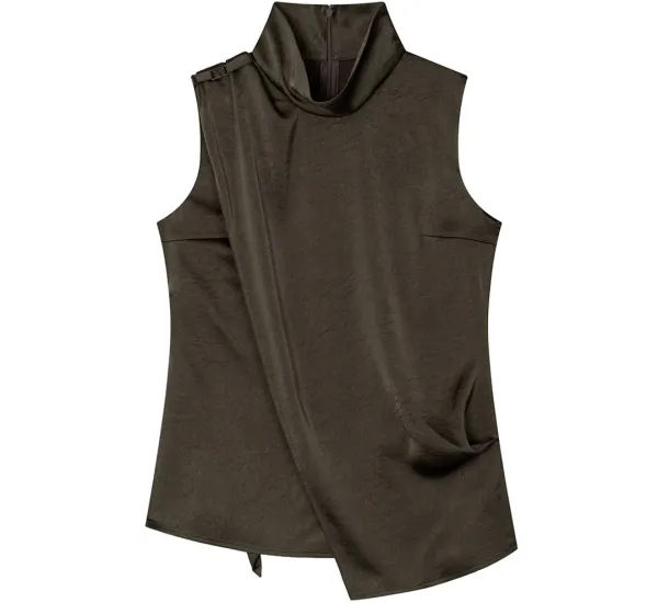 Draped High Neck Set-Up Sleeveless Top [ Brown ]